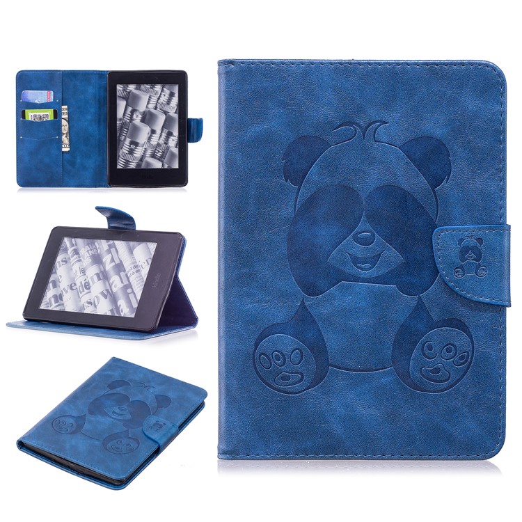 For Amazon Kindle Paperwhite 1 2 3 Imprint Panda Wallet PU Leather Cover with Stand - Blue-1