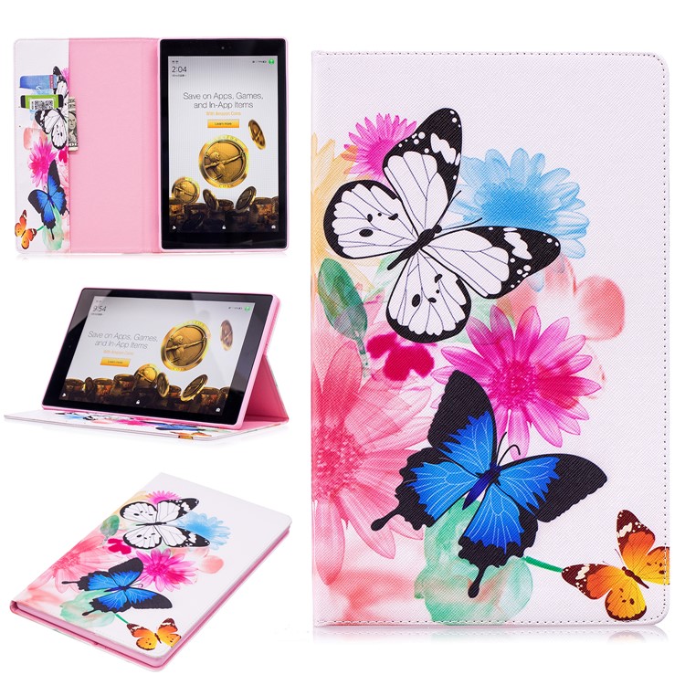 For Amazon Fire HD 10 (2017) / (2015) Pattern Printing Wallet Leather Tablet Case with Stand - Vivid Butterflies-1