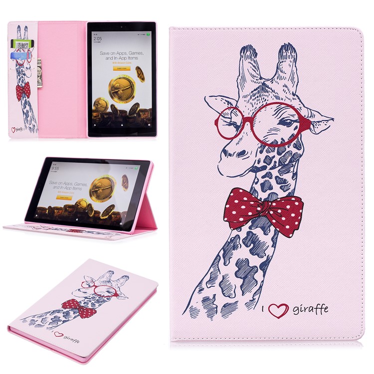 Pattern Printing Wallet Leather Stand Cover for Amazon Fire HD 10 (2017) / (2015) - Adorable Giraffe Wearing Glasses-1