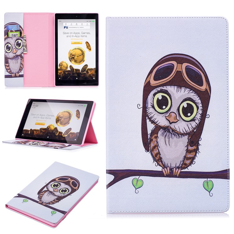 For Amazon Fire HD 10 (2017) / (2015) Pattern Printing Leather Wallet Protective Case - Adorable Owl-1