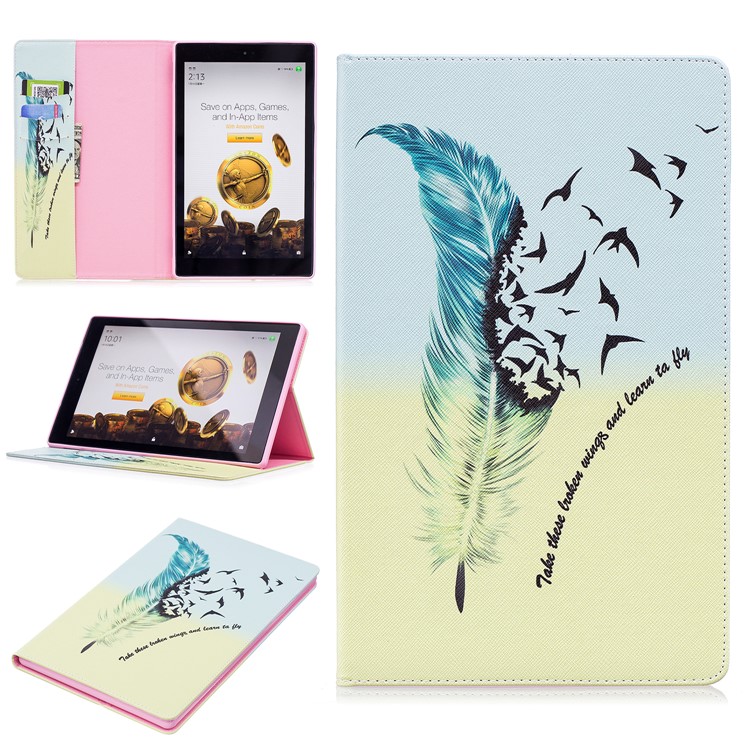 Leather Wallet Patterned Protection Cover with Stand for Amazon Fire HD 10 (2017) / (2015) - Feather Pattern-1