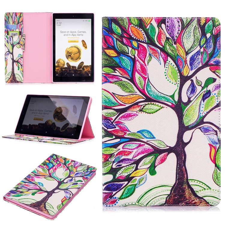 Pattern Printing Leather Wallet Flip Cover for Amazon Fire HD 10 (2017) / (2015) - Colorized Tree-1