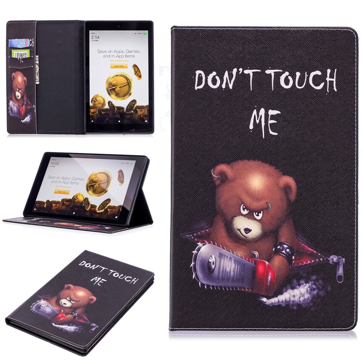 Patterned Wallet Leather Folio Case with Stand for Amazon Fire HD 10 (2017) / (2015) - Brown Bear and Warning Words-1
