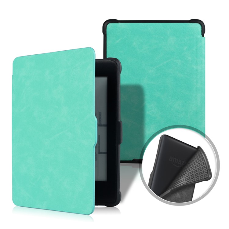 Crazy Horse Texture Anti-shock Leather Flip Shell for Amazon Kindle Paperwhite 3/2/1 - Cyan-1