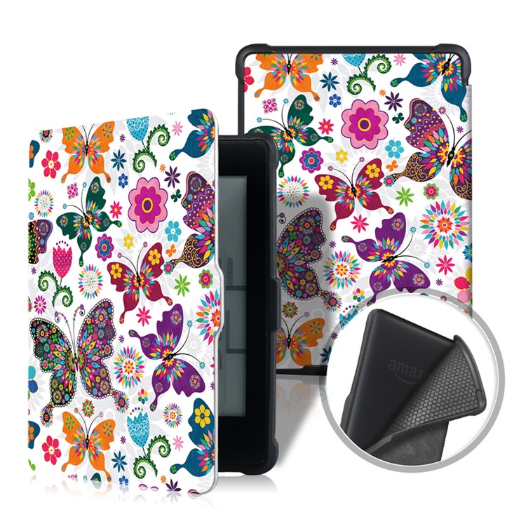 Patterned Smart Leather Protection Case for Amazon Kindle Paperwhite - Colorful Butterflies and Flowers-1