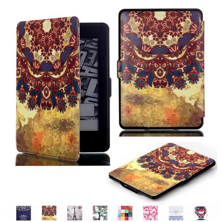 Smart Leather Flip Case for Amazon Kindle Paperwhite 3/2/1 -Vintage Flower-1
