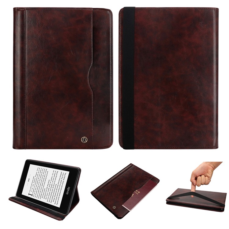 Leder Flip Case Für Amazon Kindle Paperwhite 4 (2018) Mit Gummiband / Brieftasche / Stand - Kaffee-1