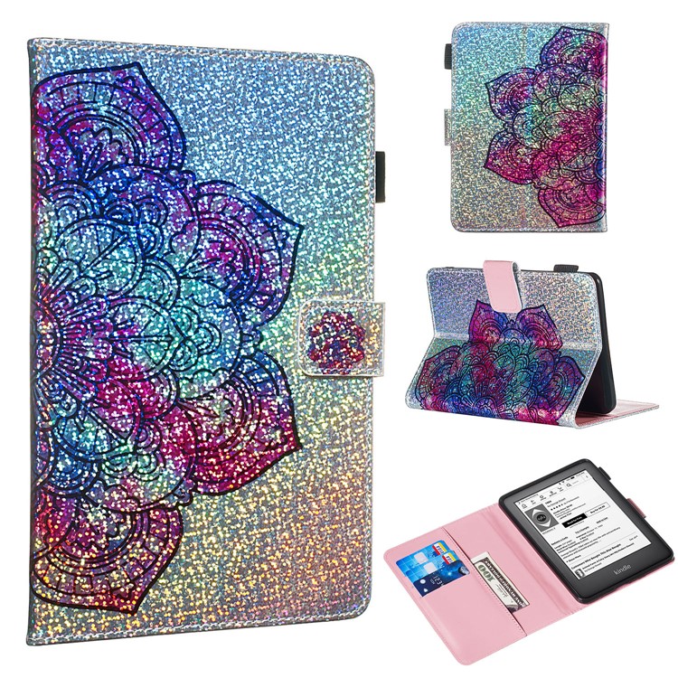 Pattern Printing Glitter Sequins Leather Wallet Case Cover for Amazon New Kindle 658 6 Inch (10th Generation 2019) - Mandala Flower-1