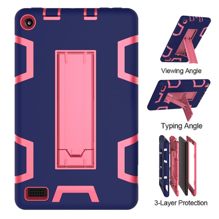 Cool Anti-dust PC Silicone Tablet Protective Shell with Kickstand for Amazon All-New Kindle (2019) - Dark Blue/Rose-1