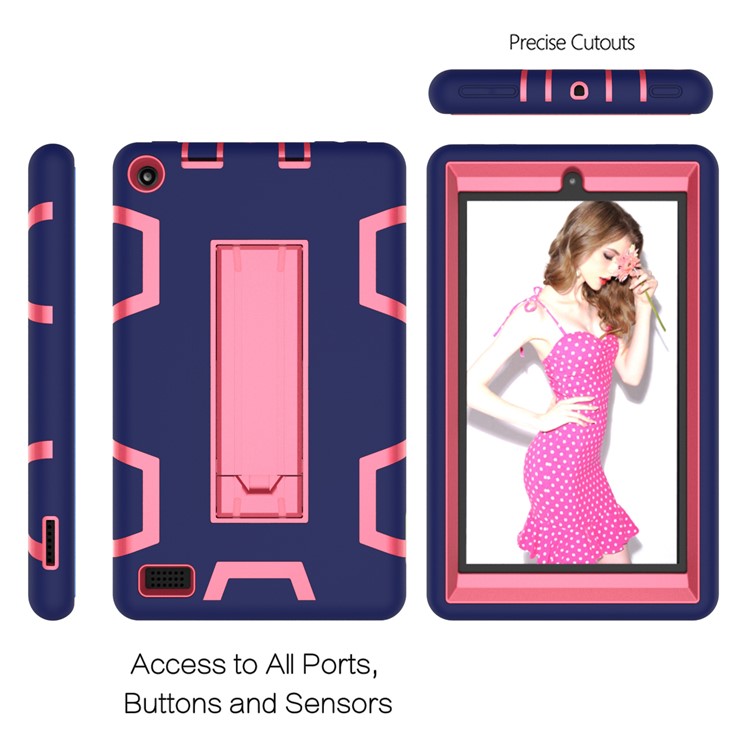Cool Anti-dust PC Silicone Tablet Protective Shell with Kickstand for Amazon All-New Kindle (2019) - Dark Blue/Rose-5
