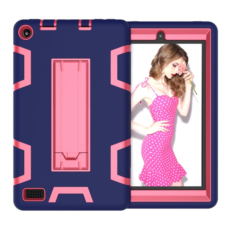 Cool Anti-dust PC Silicone Tablet Protective Shell with Kickstand for Amazon All-New Kindle (2019) - Dark Blue/Rose-7