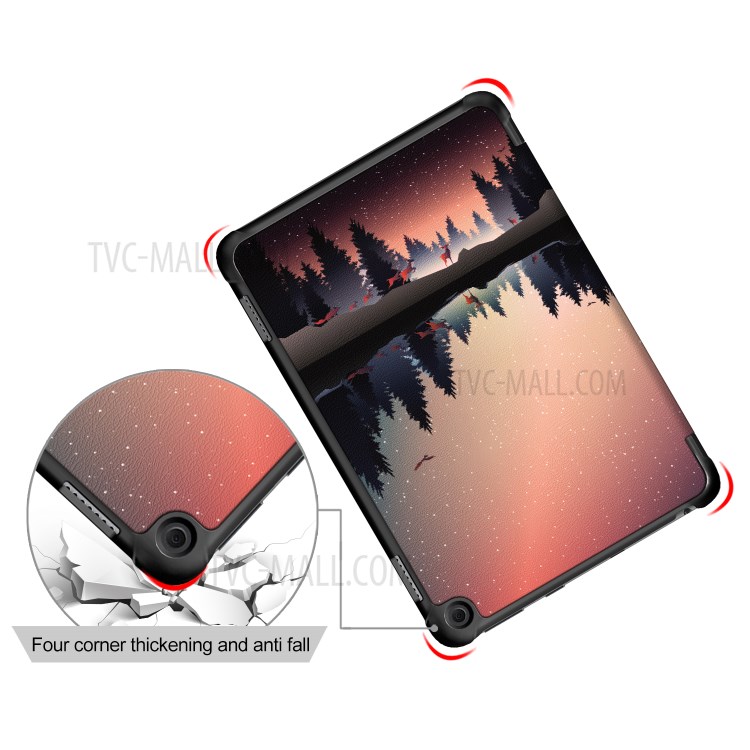 Litch Skin Pattern Printing PU Leather Tri-fold Stand Tablet Case for Amazon Fire HD 8 (2020)/8 Plus - Tree and Reflection-6