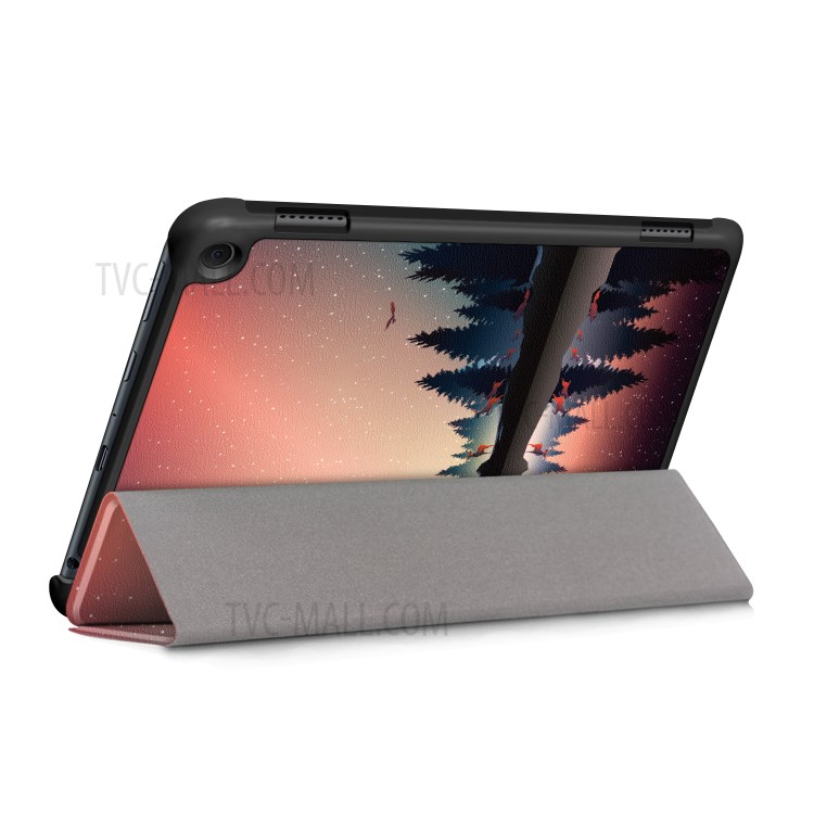 Litch Skin Pattern Printing PU Leather Tri-fold Stand Tablet Case for Amazon Fire HD 8 (2020)/8 Plus - Tree and Reflection-7