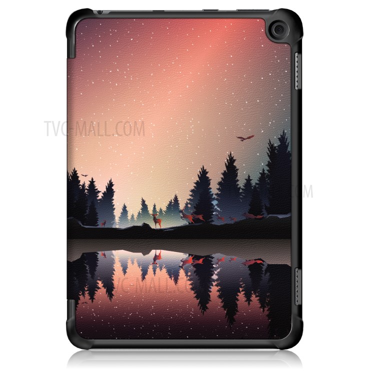 Litch Skin Pattern Printing PU Leather Tri-fold Stand Tablet Case for Amazon Fire HD 8 (2020)/8 Plus - Tree and Reflection-9