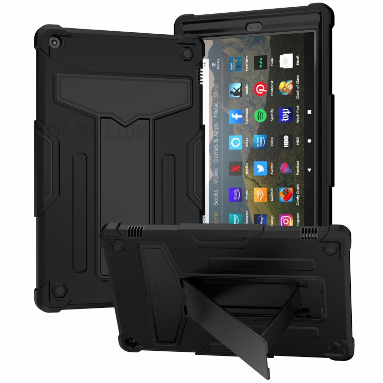 Foldable T-shaped Kickstand PC Silicone Protector Cover for Amazon Fire HD 10 (2019)/(2017) Case - All Black-1