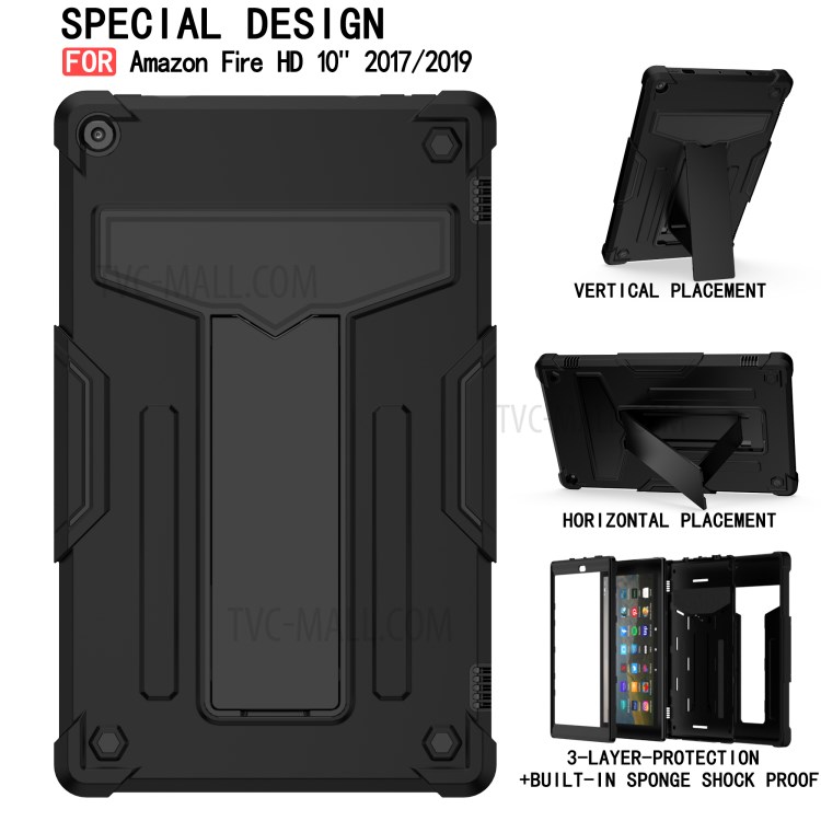Foldable T-shaped Kickstand PC Silicone Protector Cover for Amazon Fire HD 10 (2019)/(2017) Case - All Black-2