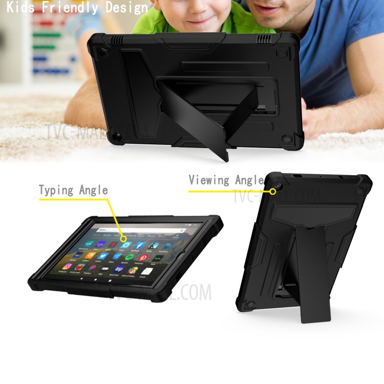 Foldable T-shaped Kickstand PC Silicone Protector Cover for Amazon Fire HD 10 (2019)/(2017) Case - All Black-3
