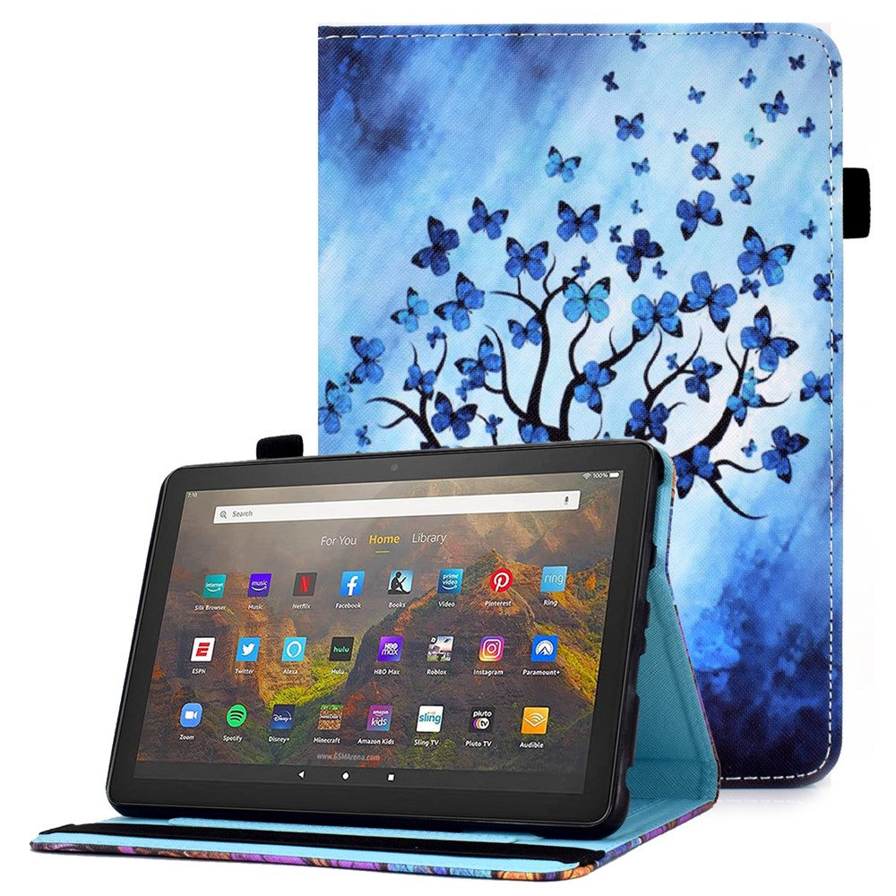 Ultra Slim Pattern Printing Elastic Band PU Leather Stand Cover with Card Holder for Amazon Fire HD 10 (2021) / (2019) - Butterfly Tree-1