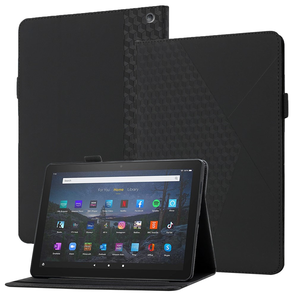 Card Slots Design Rhombus Pattern Imprinting Skin-touch Feeling Leather Tablet Protective Case Cover for Amazon Fire HD 10 (2021)/Fire HD 10 Plus (2021) - Black-1