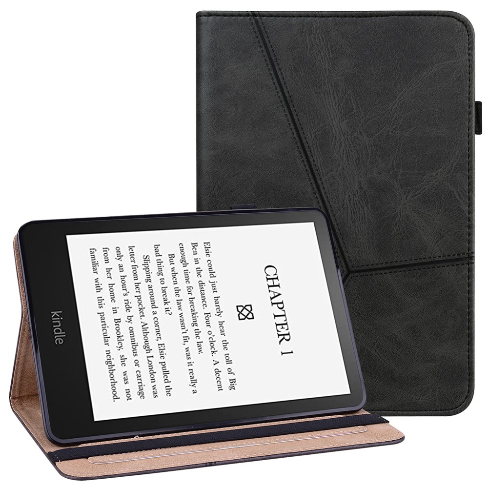 Line Imprinted Folio Stand PU Leather Auto Wake/Sleep Tablet Case with Card Slots for Amazon Kindle Paperwhite 5 (2021) - Black-1