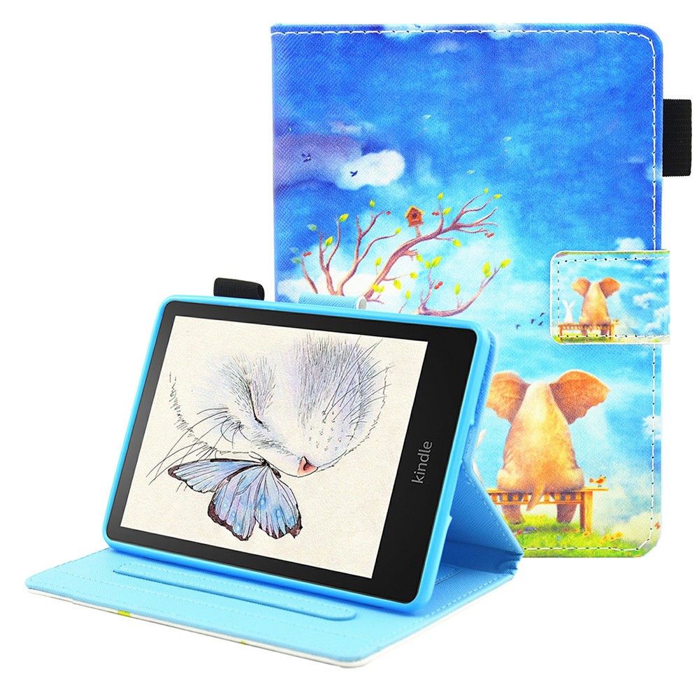 Cross Texture Pattern Printing PU Leather Stand Case Card Holder Protective Cover for Amazon Kindle Paperwhite 5 (2021) - Elephant and Rabbit-1