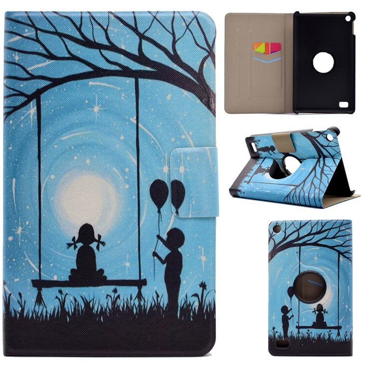 For Amazon Kindle Fire HD 7 Fragrant Patterned Rotary Stand Case with Card Slots - Girl and Boy Playing-1