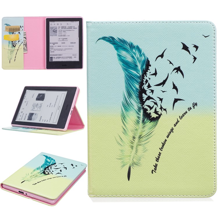 Leather Wallet Patterned Case with Stand for Amazon Kindle (2016) - Feather Pattern-1