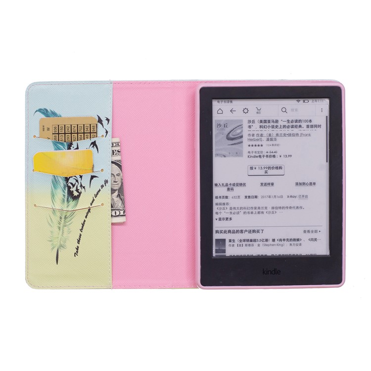 Leather Wallet Patterned Case with Stand for Amazon Kindle (2016) - Feather Pattern-8