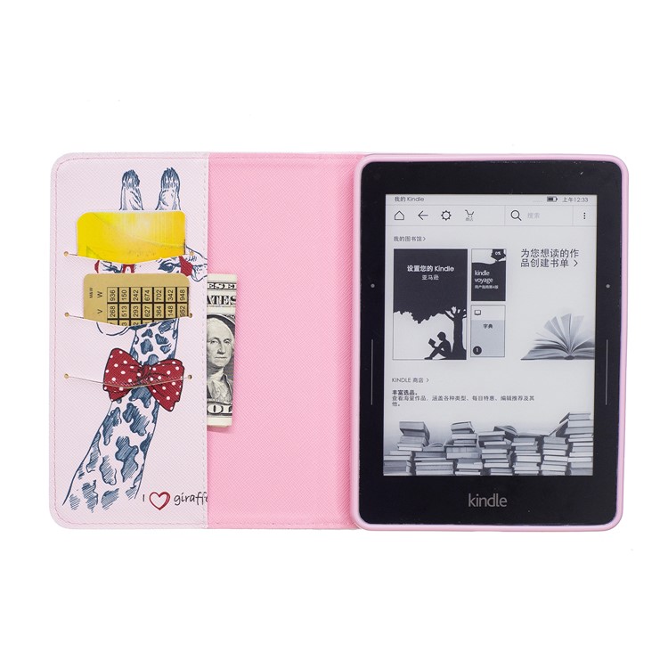 Patterned Wallet Leather Stand Case for Amazon Kindle Voyage - Adorable Giraffe Wearing Glasses-8