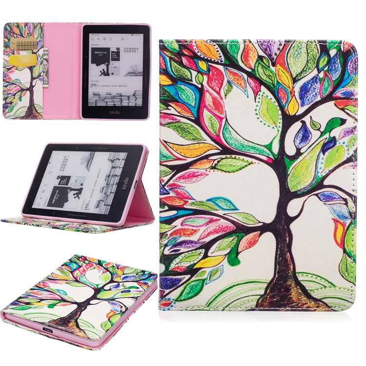 Pattern Printing Leather Wallet Flip Case for Amazon Kindle Voyage - Colorized Tree-1