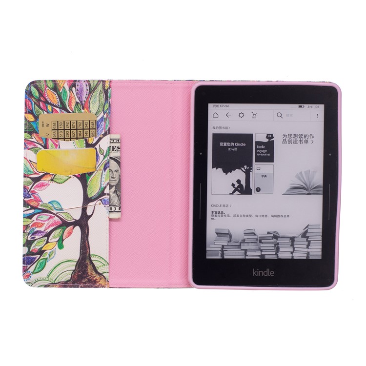 Pattern Printing Leather Wallet Flip Case for Amazon Kindle Voyage - Colorized Tree-8