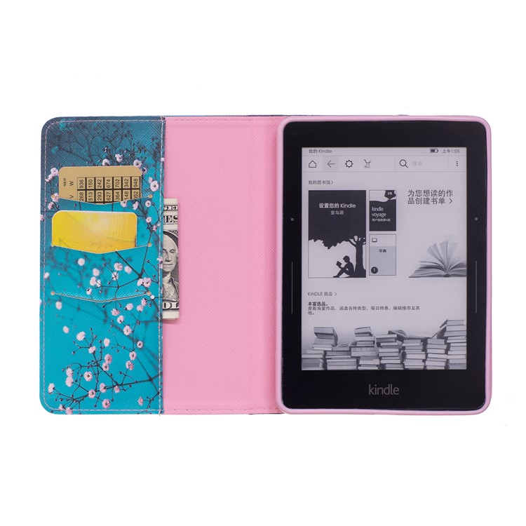 Pattern Printing Leather Wallet Tablet Case for Amazon Kindle Voyage - Tree with Flowers-8