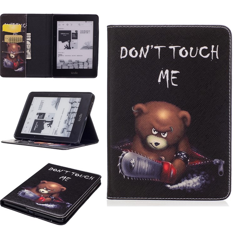 Patterned Wallet Leather Folio Case with Stand for Amazon Kindle Voyage - Brown Bear and Warning Words-1