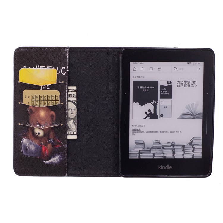 Patterned Wallet Leather Folio Case with Stand for Amazon Kindle Voyage - Brown Bear and Warning Words-8