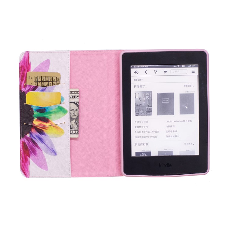 Pattern Printing Leather Wallet Case Stand for Amazon Kindle Paperwhite 3/2/1 - Colorful Petals-8