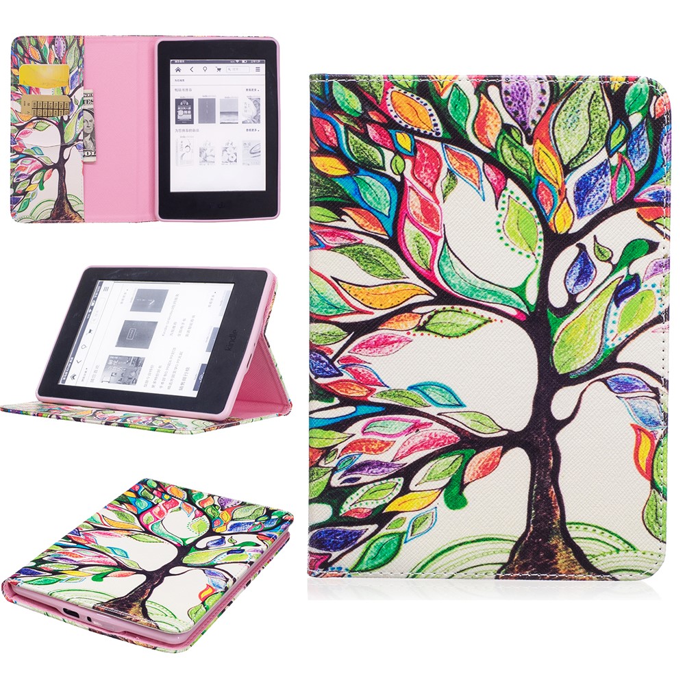 Pattern Printing Leather Wallet Flip Cover for Amazon Kindle Paperwhite 3/2/1 - Colorized Tree-1