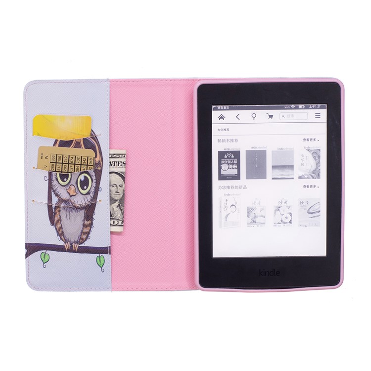 For Amazon Kindle Paperwhite 3/2/1 Pattern Printing Leather Wallet Protective Case - Adorable Owl-8