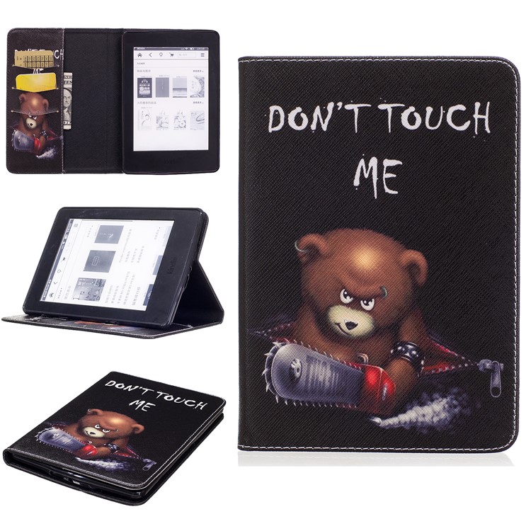 Patterned Wallet Leather Folio Cover for Amazon Kindle Paperwhite 3/2/1 - Brown Bear and Warning Words-1