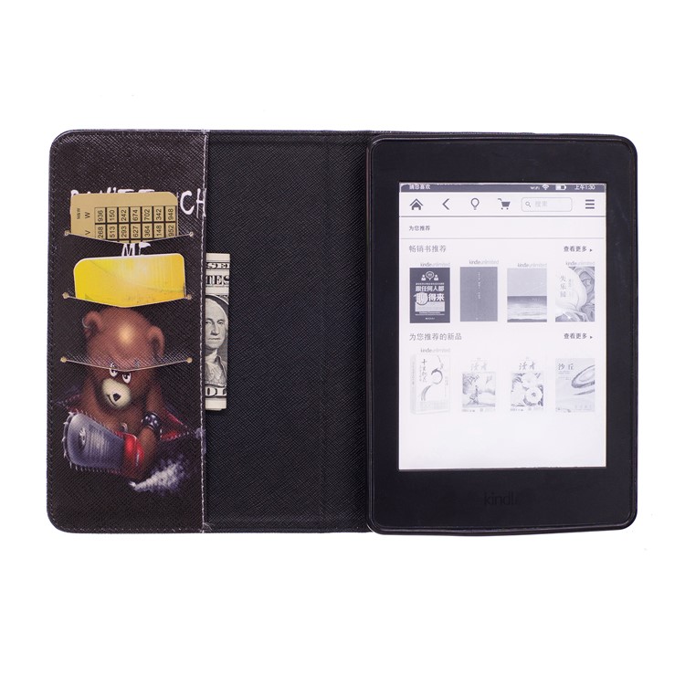 Patterned Wallet Leather Folio Cover for Amazon Kindle Paperwhite 3/2/1 - Brown Bear and Warning Words-8