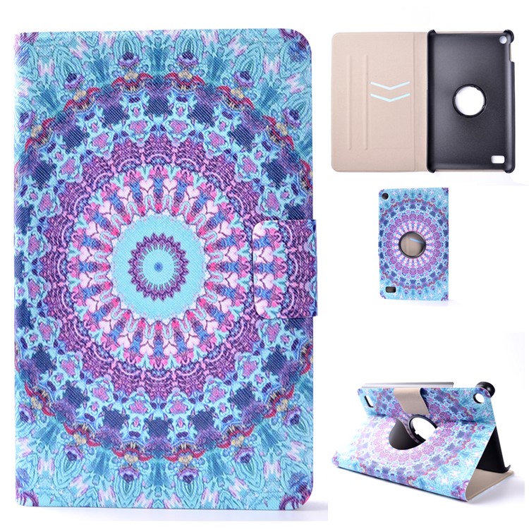 Patterned Leather Rotary Stand Case with Card Slot for Amazon Kindle Fire7 - Cyan and Purple Bohemia Pattern-1