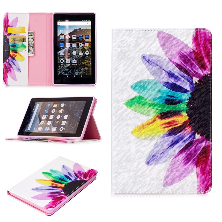 Pattern Printing Stand Leather Smart Case for Amazon Fire 7 (2017) - Colorful Petals-1