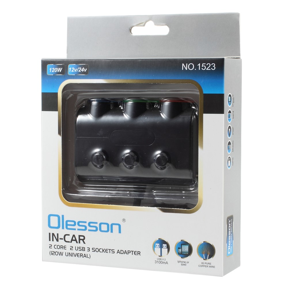 OLESSON 1523 120W Universal In-Car 3-in-1 2-Core 2-USB 3-Socket Adapter - Black-6