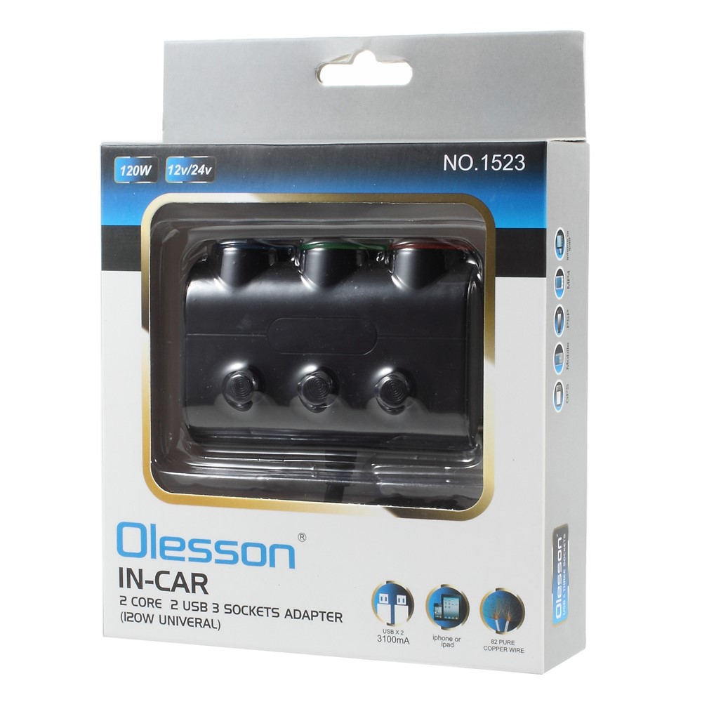 Olesson 1523 120W Charger de Voiture 2-USB Ports 3 Cigarette Light Sockets Charge Adaptateur - le Noir