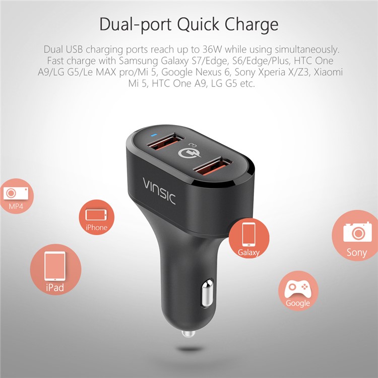 VINSIC VSCC208B Two USB Ports Quick Charge QC3.0 Car Charger for iPhone Samsung Huawei - Black-2