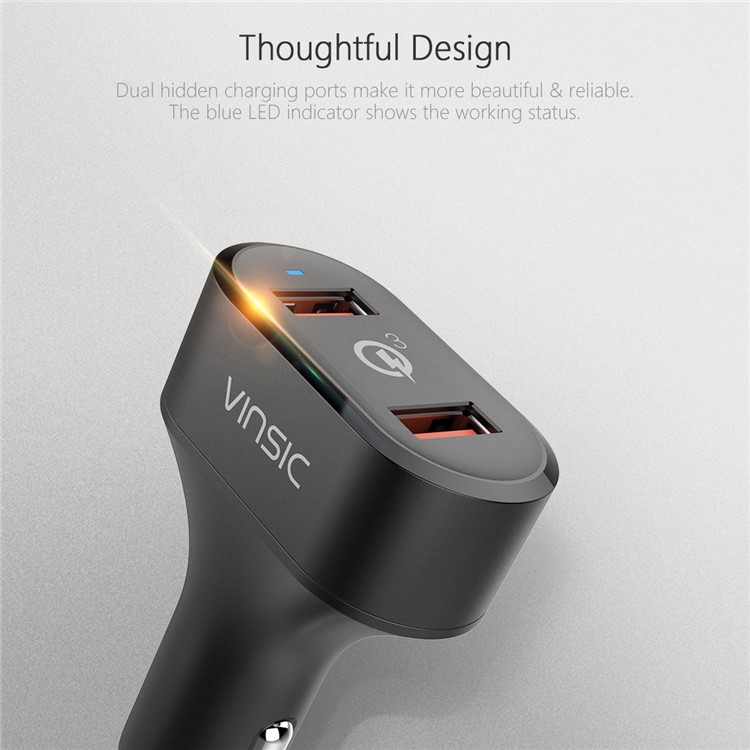 VINSIC VSCC208B Two USB Ports Quick Charge QC3.0 Car Charger for iPhone Samsung Huawei - Black-3
