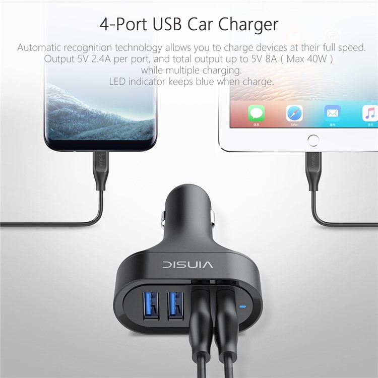 VINSIC VSCC401B 5V 8A (40W) 4-Port USB Smart Car Charger - Black-6