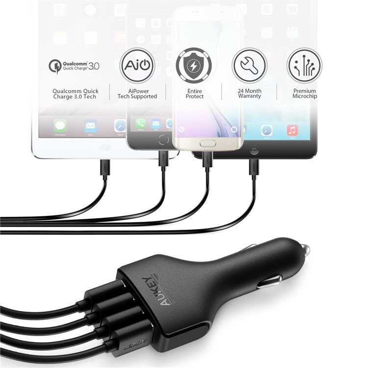 AUKEY CC-T9 4 Ports USB Car Charger with Quick Charge QC3.0 Output for iPhone Samsung Huawei-9