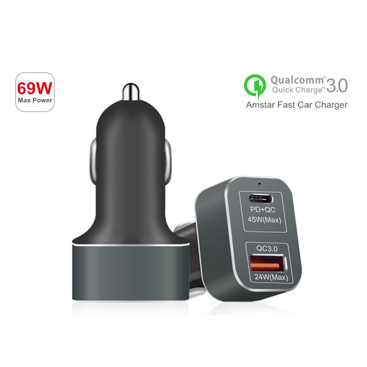 69W Type-C + QC 3.0 USB Port Car Charger for Phones, Tablets and PCs - Black-1