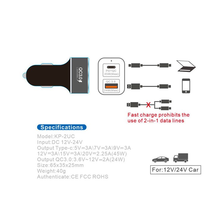 69W Type-C + QC 3.0 USB Port Car Charger for Phones, Tablets and PCs - Black-2
