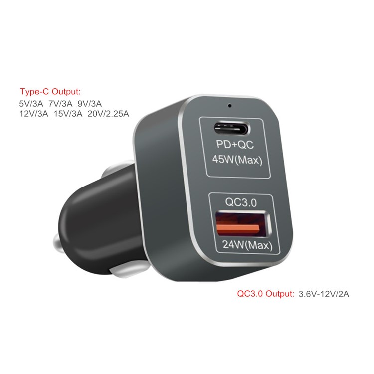69W Type-C + QC 3.0 USB Port Car Charger for Phones, Tablets and PCs - Black-5